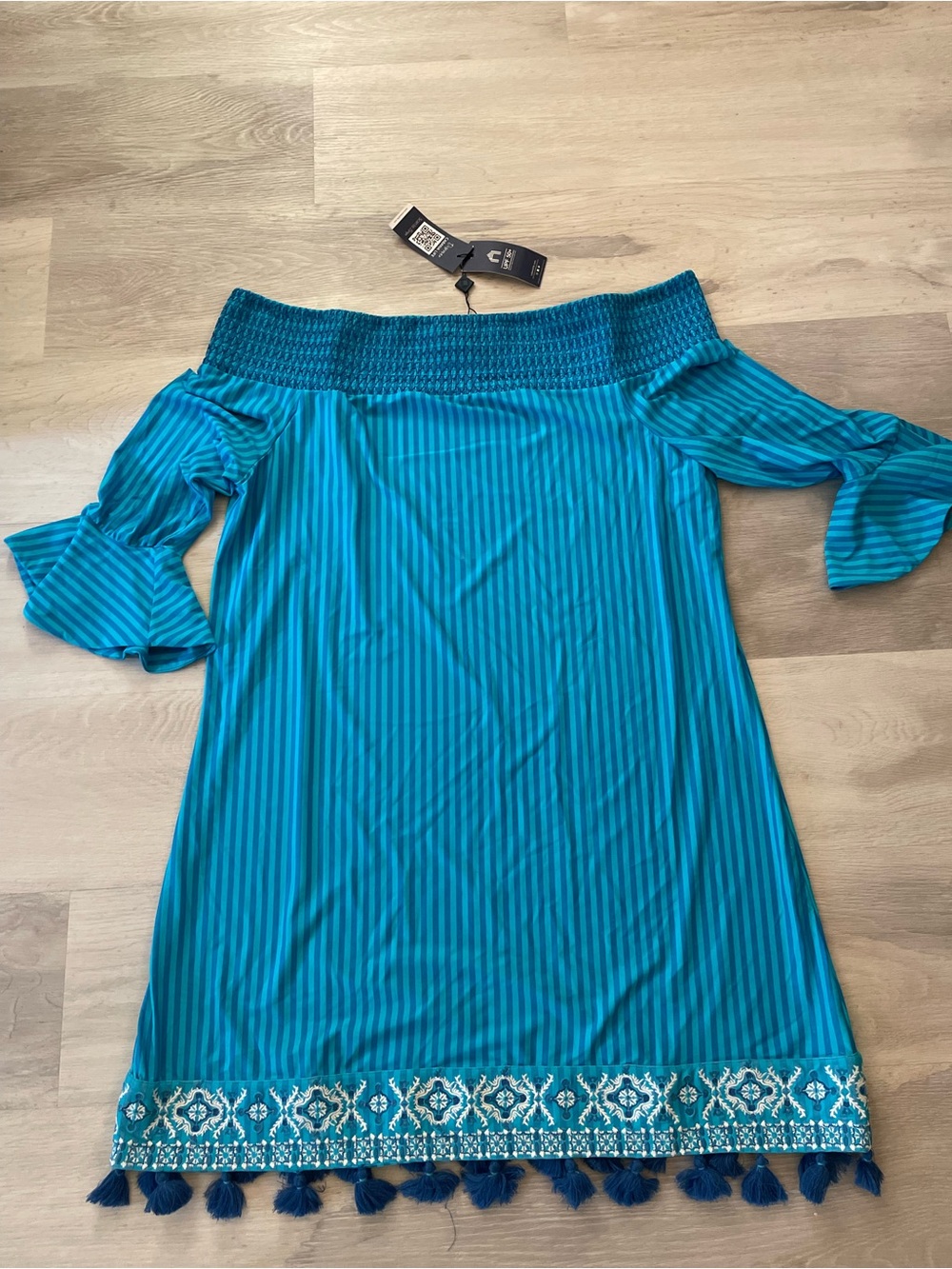 New Cabana Life Charleston Smocked Off Shoulder Tassel Dress ~ XL ~ Blue Stripe